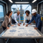 Real-world photo of diverse executives and site managers with Setters branded safety gear collaborating intensely in a boardroom over a shared 'CULTURE ADOPTION' process map, showing true leadership alignment.