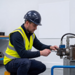 Real-world photo of a Setters worker with hard hat and high-vis vest performing a hydraulic maintenance task, while a large 'Safe Behaviour Check-list' is checked off in the background, proving practical application.