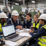 Real-world close-up photo capturing an intense yet respectful conversation between an experienced foreman and a young operator (both with Setters logos), sitting opposite each other at a workstation with a tablet and shared document, building trust.