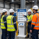 Real-world photo of a small team of industrial workers (Setters logo) gathered at a clean on-site kiosk on a Monday morning, reviewing a simple, actionable 'Monday Safety Brief' checklist to ensure safe start-up.